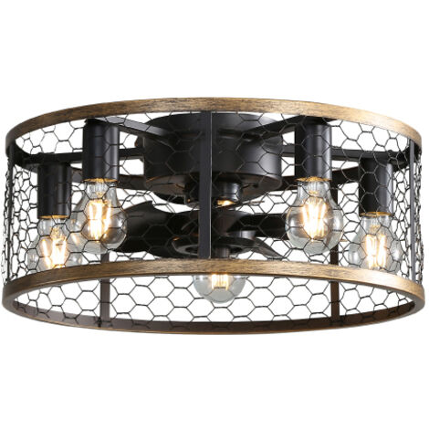 Ventilateur de plafond industriel 50 cm avec lumière, 7 pales en ABS, moteur DC réversible avec télécommande, design à cage, pour salon, chambre, cuisine, et espaces