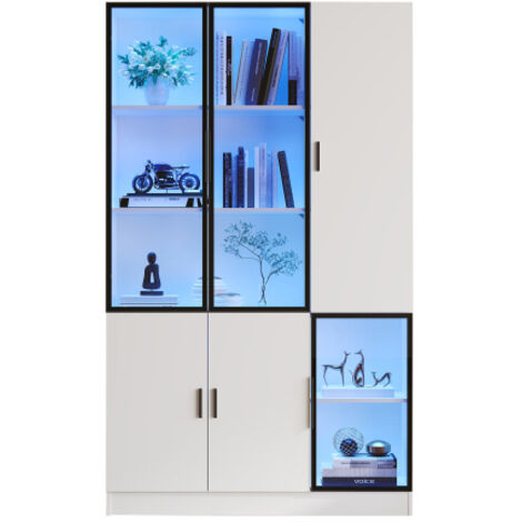 Vitrine en verre avec éclairage LED et portes en verre - 120 x 35 x 200 cm - Vitrine haute avec bibliothèque - Accent blanc et noir - Pour salon, salle à manger, bureau
