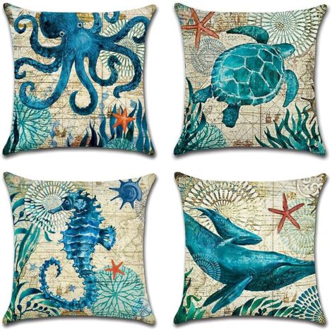 AIDUCHO Extérieur Housse De Coussin, Lot De 4 Imperméable La Vie Marine Bleue Motif Canapé Taie D'oreiller Pour Patio Jardin Salon Chambre Décoration, 45x45cm