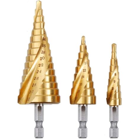 3PCS Foret Fraise Meche Etage,HSS Inox Metal,4-12/20/32mm,Triangle Conique Titane,avec Tige Hexagone,Pour Visseuse Percage sur Acier,Laiton,Bois,Plastique GROOFOO (1/5)