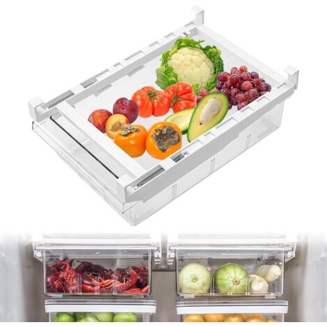 YIDOMDE Organisateur de Tiroir de Réfrigérateur, Organiseur de Réfrigérateur, Extensible avec Poignée, Boîte de Rangement, Récipient Transparent pour Nourriture, Boissons (1/5)
