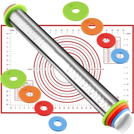 Rouleau à Patisserie en Acier Inoxydable Professionelle avec 4 Paires Disques Réglables,Marquage de Mesure et Tapis de Cuisson en Silicone pour Patisserie,Pizza,Pates,Biscuits GROOFOO (Rouge Tapis)