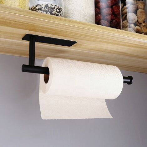 GROOFOO Porte-serviettes en papier, support mural adhésif sous armoire pour cuisine, salle de bain, sans perçage, acier inoxydable SUS304 épais, noir (1/4)