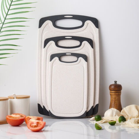 GROOFOO Lot de 3 Planches à Découper Antidérapantes en Paille de Blé, avec Rainure de Jus,Différentes Tailles Pour Toutes les Occasions,pour Viande,Légumes,Fruits Planche à Découper de Cuisine(Beige) (1/5)