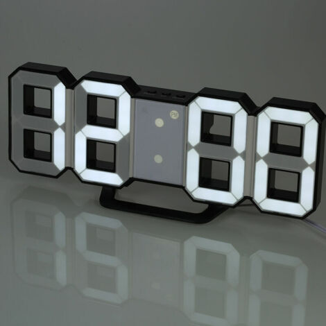 Horloge murale numérique à LED, luminosité réglable, lumière blanche, lumière blanche en coquille noire, réveil en coquille noire grande horloge température horloge cadre blanc lumière blanche (1/5)