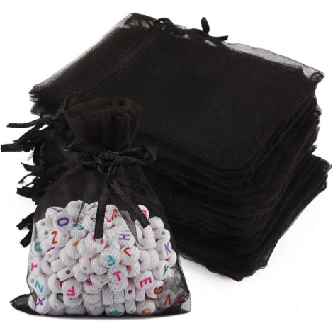 GROOFOO 100pcs Sachets Bijoux en Organza Petit Sac Pochette Poche de Bonbons Dragées Chocolat Perle avec Cordon Ruban Cadeau Emballage Décoration pour Halloween Carnaval Mariage Fête 15 × 20cm (Noir) (1/5)