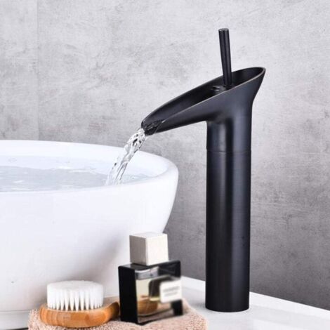 GROOFOO Moderne Robinet Lavabo Noir Cascade, Design Elégant Robinet Salle de Bain, Mitigeur Salle de Bain en Laiton, Eau Chaude et Froide Disponible, Robinetterie Cascade Noir (1/4)