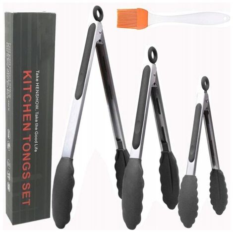 YIDOMDE Pinces alimentaires en silicone Pinces à barbecue Pinces alimentaires en nylon noir résistant aux hautes températures (7 pouces 9 pouces 12 pouces) + brosse(Couleur aléatoire) (1/5)