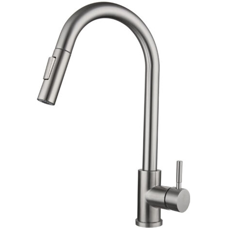 GROOFOO Robinet de Cuisine en Acier Inoxydable Extractible et Orientable à 360° avec 2 Jet Modes, Robinet Evier à Une Poignée avec Buse Rétractable, Robinetterie de Cuisine Extensible pour Evier(argen (1/3)