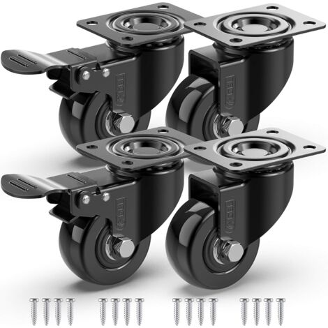 GROOFOO 4 Roulettes Pivotantes Pour Meubles dont 2 avec Frein + Vis - 50mm Jusqu'à 200KG - Roulette Sans Traces au Sol pour Charge Lourde - Roue en Caoutchouc pour Chariot - Noir (1/5)