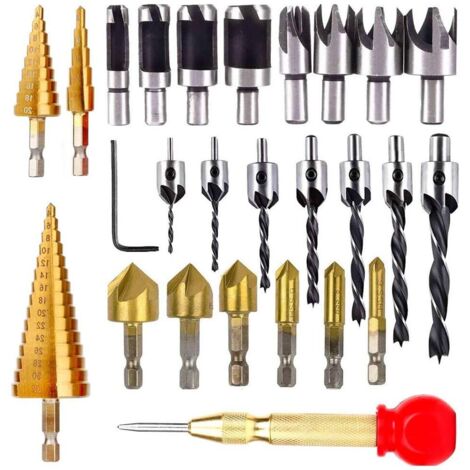 AIDUCHO Outils de forage pour le travail du bois, ensemble de forets coniques 6 forets coniques + 7 forets à trois pointes avec clé en L + 8 mèches à bois + 3 forets étagés (1/5)