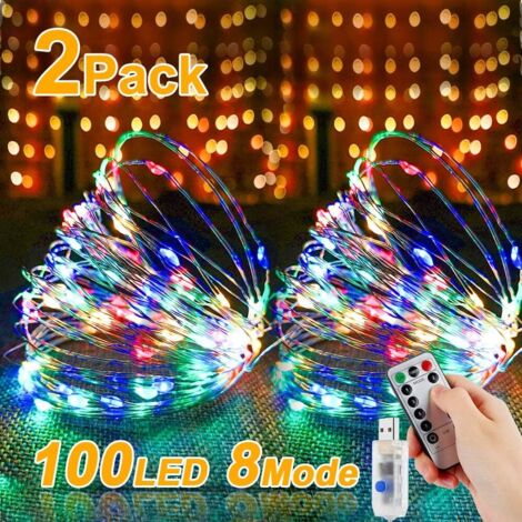 AIDUCHO 2 Guirlandes Lumineuses 100 Leds 10m Fil D'argent Blanc Chaud,Prise Usb Avec Télécommande Lumière Etoilée Pour Décoration NoL Soirée Mariage Fête - Multicolore (1/5)