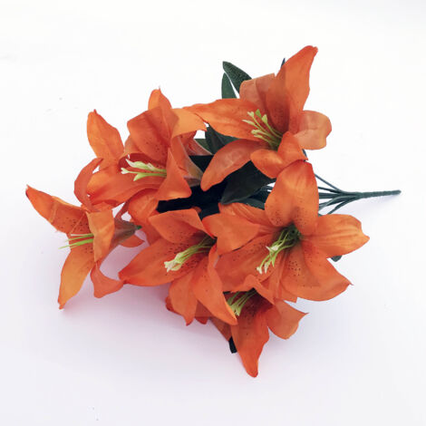 2 Pièces Lys Artificiel 10 Têtes Faux Lys Fleur Artificielle Décoration De Fête De Mariage Bouquet Maison Hôtel Bureau Jardin Artisanat Art Décor Orange Foncé (1/4)