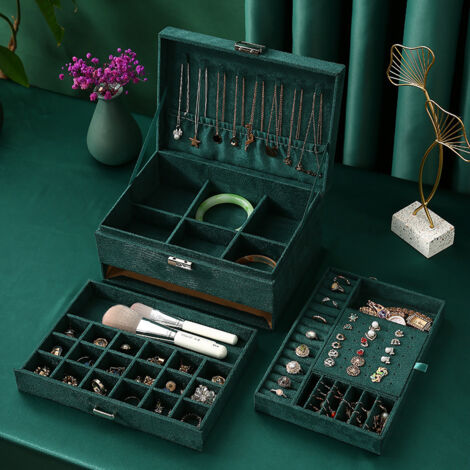 Boîte à bijoux femme 3 couches – Coffret verrouillable de voyage – Compartiments pour colliers, bagues, bracelets – Velours écologique – Rhafayre (1/6)