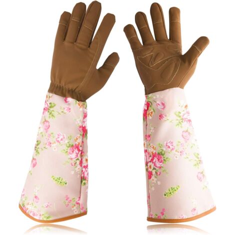 AIDUCHO Gants De Jardinage En Cuir Résistant Aux Épines Manchettes À Imprimé Floral Protection Longue De L’avant-Bras Pour Femme(Café) (1/5)