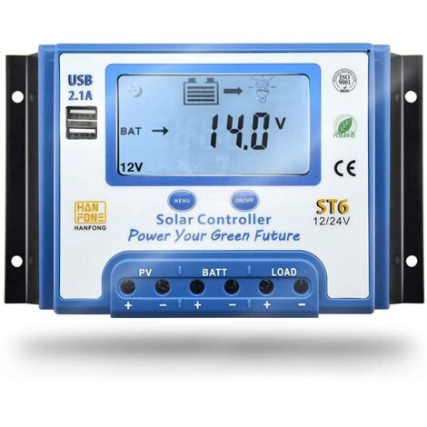 AIDUCHO 20a Régulateur De Charge Solaire 12v/24v Contrôleur De Charge Solaire Avec Écran Lcd Et Double Port Usb Pour Batterie De Panneaux Solaires - St6-20a (1/5)