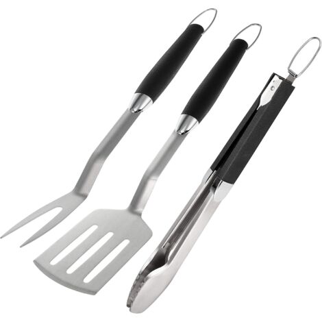 AIDUCHO Lot De 3 Couverts Pour Barbecue - Pince, Spatule, Fourchette À Viande - Accessoire De Barbecue En Acier Inoxydable Avec Poignée Souple (1/5)