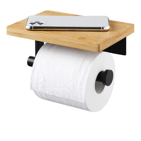Porte-Rouleau De Papier Toilette En Bois De Chêne Massif Lisse Fabriqué À La Main Avec Étagère En Bois Véritable, Porte-Rouleau De Papier Toilette Vintage Rétro Pour Montage Mural (1/5)