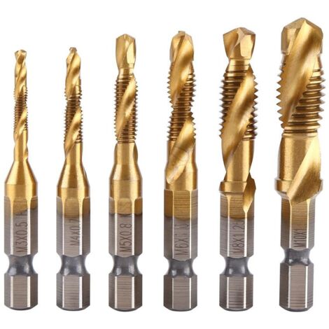 AIDUCHO Jeu De 6pcs Hss Foret Mèche À 1/4" Tige Hexagonale Set Robinet De Foreuse De Combinaison, Filetage Métrique M3-M10 Titanium Hss Foret Et Taraudsl Pour Bois Fer Aluminium Argent (1/5)