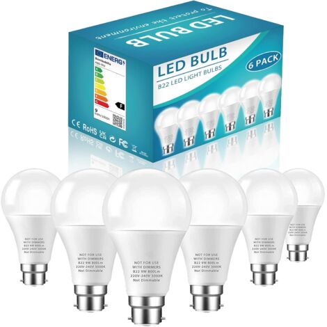 A60 Ampoule LED  B22, Super Lumineuse 9W équivalent à Une Ampoule à Incandescence De 60W, Ampoule à Baïonnette Blanc Chaud 6500K, Non Dimmable, Lot De 6
