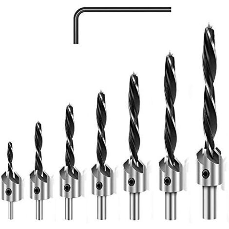 7Pcs Forets à Fraiser, Trois Pointes Chanfreinées pour le Travail du bois, avec clé hexagonale, foret en acier rapide réglable pour menuiserie, alésoir plaqué pour le bricolage du bois (3-10 m (1/5)