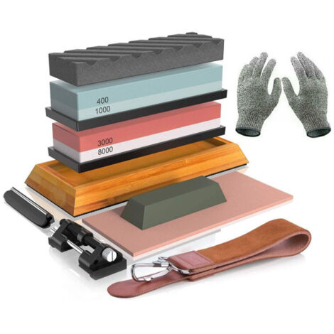 AIDUCHO Kit De Pierre À Aiguiser, Ensemble Aiguiseur De Couteau Professionel 400/1000 3000/8000, Pierres À Aplatir Guide D'angle Lanière En Cuir Et Gants Résistants Aux Coupures