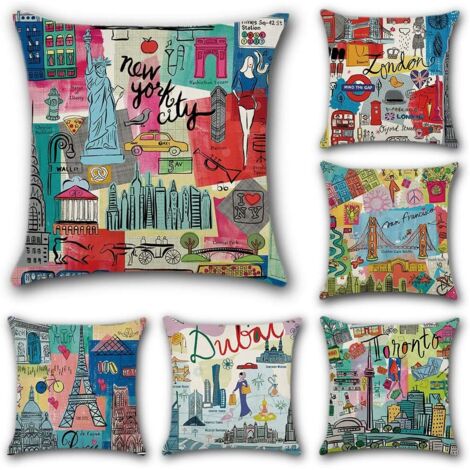 AIDUCHO Housse De Coussin Printemps Et Mandala Modèle Taie D'oreiller Pour Canapé Maison Salon Chambre Décoration D'intérieur, 45x45cm, Ensemble De 6 Pièces (Ville De Dessin Animé) (1/5)