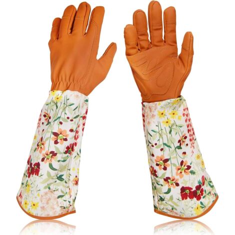 AIDUCHO Gants De Jardinage En Cuir Résistant Aux Épines Manchettes À Imprimé Floral Protection Longue De L’avant-Bras Pour Femme(Marron) (1/5)