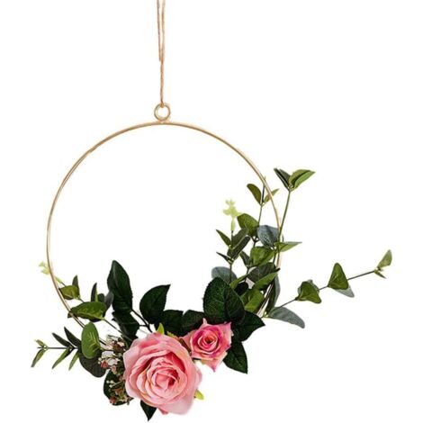 AIDUCHO Décoration À Suspendre De Fleurs Artificielles En Anneau En Métal Rond Décoration De Guirlande Murale Taille 20 Cm (Rose) (1/4)