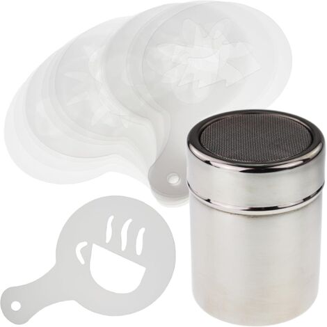 AIDUCHO Shaker à chocolat avec 16 pochoirs à café pour les amateurs de café - Décoration de café et de gâteaux, avec saupoudreur (1/5)