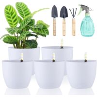 Lot de 5 Pots de Fleurs à Arrosage Automatique avec Indicateur d'eau, Pot de Fleurs d’Extérieur et d'Interieur - Pot de Plant en Plastique Blanc - 15 cm