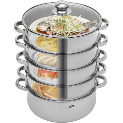 5 Tiers Steamer for Cooking, Stainless Steel Steamer, Compatible with Vented Glass Lid Cookware Pot & Pan Set for Gas Stove, Furnace, Electric Halogen Oven Induction Hob (5 Tiers,Φ 28cm)