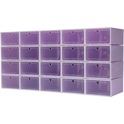 20Pcs Plastic Shoe Boxes, 32 x 23 x 14 cm, Stackable Shoe Boxes with Door, Stackable with Transparent Door and Heart-Shaped Ventilation Holes, for Flat Shoes, Trainers, Toy Books, Purple (1/5)