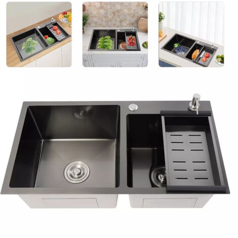 Stainless Steel Kitchen Sink Double Bowl Inset Basket w/Drainer + Soap Dispenser, Black, 78 x 43 x 22 cm