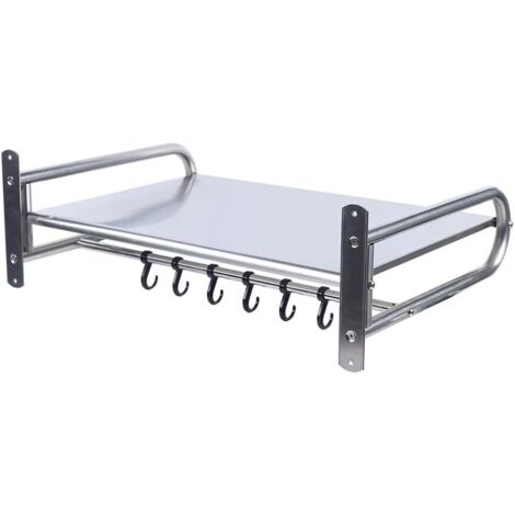 Microwave Shelf Stainless Steel Microwave Shelf Wall Mounted Kitchen Shelf with 6 Hooks for Kitchen Knife Spoon Pan Microwave Holder Shelf Grill Oven 53 x 38 x 18 cm