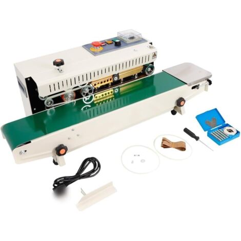 Continuous Sealing Machine FR-770 Automatic Horizontal Food Sealer Plastic Bag Band Sealing Sealer Machine, for Packaging and Sealing 6-12mm Sealing Width 0-18 m/min Sealing Speed Temperature 0-300℃
