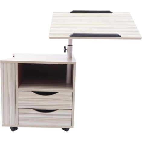 Bedside Table with Lift Up Top, Modern Nightstand with 2 Drawers Multifunctional Bedside Table with 70-90cm Adjustable Laptop Desk Woode Bedside Storage Desk Lifting Table with 4 Lockable Wheel White (1/5)