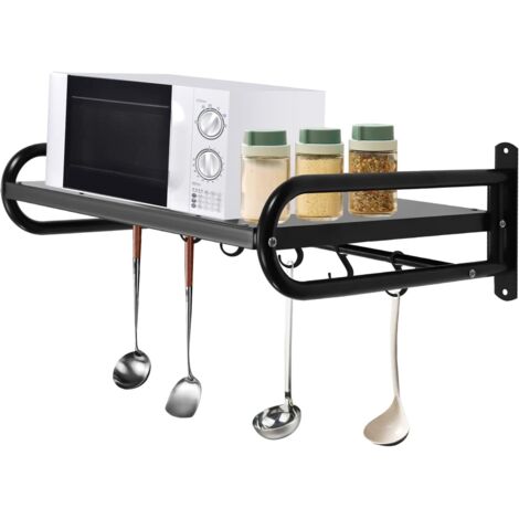 Wall Mounted Microwave Bracket Carbon Steel Microwave Shelf with 6pcs Hooks Oven Rack Stand Multi Use Kitchen Shelf Holder Walll Mounted Hanging in Kitchen, Study, Bathroom, Black