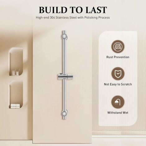 Shower Riser Rail, Wall Mounted Shower Slider Rail with Height and Angle Adjustable Holder Stainless Steel Shower Bracket Bar 66cm, for Bath Shower Systems (1/5)