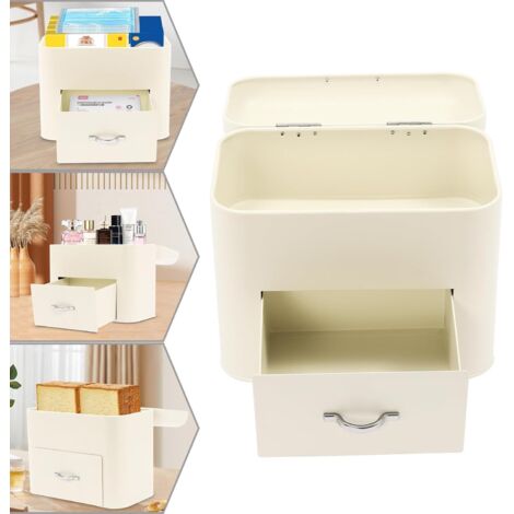 2-Layer Metal Bread Boxes, Bread Storage Box, Bread Fresh Keeper Bin Organizer with Top Lid and 1 Drawer, for Storing Breads, Pastries, Doughnuts, Cookies, Grains, Cosmetics, 30x20.5x26.5cm (White) (1/5)