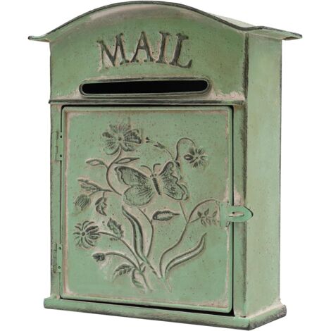 Wall Mounted Mailbox, Post Box Wall Mounted Waterproof Vintage mailbox Antique English Cast Mailboxes with Loackable Latch Retro Mail Post Box for Home/Outdoor Decoration, 26 x 9.5 x 34cm, Green