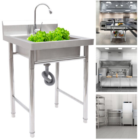 Stainless Steel Kitchen Sink Freestanding Sink Laundry Basin w/ 360° Rotatable Faucet, For Hotels, Bars, Restaurants, Kitchens, 60x60x93cm