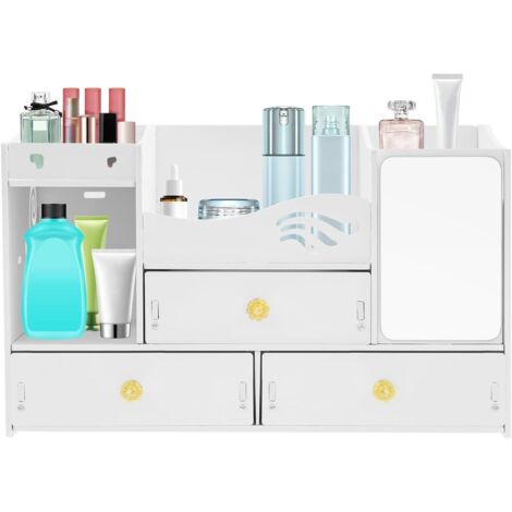 Makeup Organizer With 3 Drawers, Cosmetic Storage Display Case with Tissue Slot and Mirror, Dressing Table Organiser, for Dresser, Bedroom, Bathroom, White, 40 x 20 x 25 cm (1/5)
