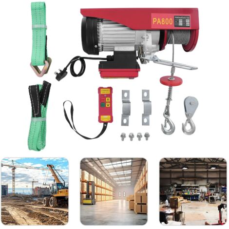 800kg Electric Hoist with Wireless Remote Control, 12m Steel Cable 2 Slings, 1450W, UK Standard
