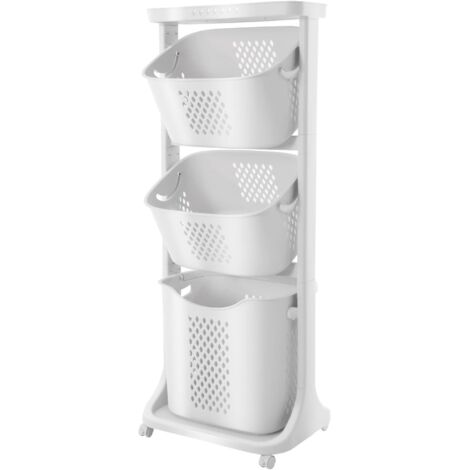 4-Tier Laundry Baskets on Wheels, Laundry Sorter Cart with 3 baskets, Washing Hamper White Storage Bin with Large Top Shelf Easy to Install Dirty Clothes Basket for Bathroom, Kitchen, Office