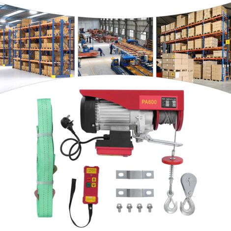 600kg Electric Hoist with Wireless Control & Two Slings, Electric cable winch, lifting height 12m, lifting speed 10m/min, for Garage, Warehouses