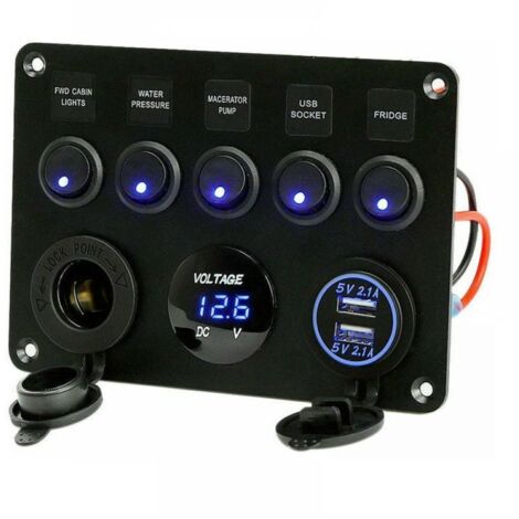 Lot de 5 interrupteurs à bascule, double prise USB chargeur 12 V prise de courant LED voltmètre pour voiture, bateau, camion, camping-car (bleu) (1/5)