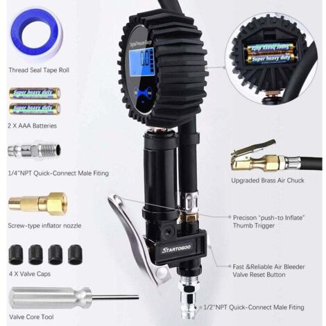 Manomètre Numérique Pneu 200 PSI – Pistolet Gonflage Multifonction Avec Écran LCD, Buses Et Outils Pour Voiture Moto Vélo