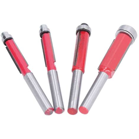 Lot de 4 fraises à affleurer, queue de 6,35 mm (1/4 po), roulement supérieur, diamètres de coupe : 6,35 mm (1/4 po), 7,94 mm (5/16 po), 9,52 mm (3/8 po) et 12,7 mm (1/2 po). (1/5)