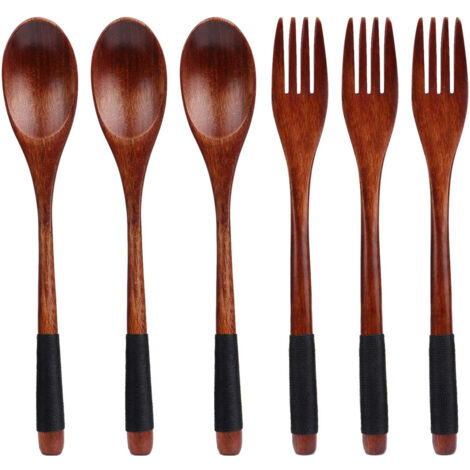 Ensemble de couverts en bois naturel avec cuillère et fourchette à long manche de style janpanais pour le camping, la cuisine, le dîner (noir)